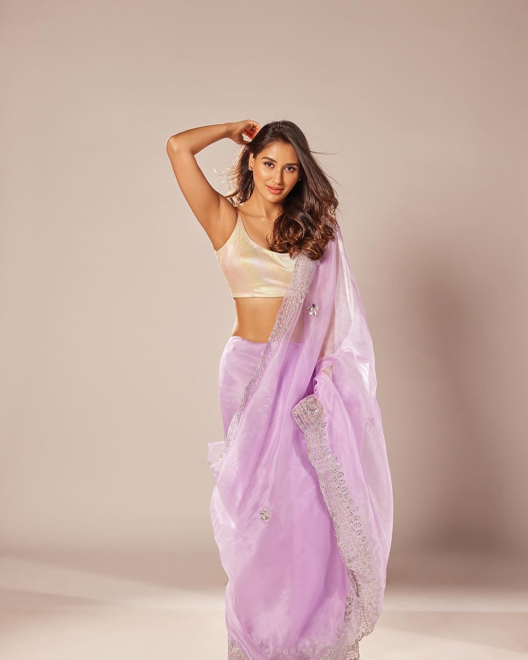 Bollywood Actress Nikita Dutta in Sleeveless Violet Saree